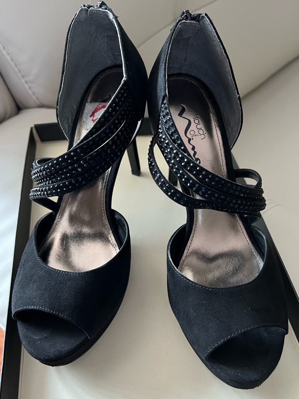 Touch of Nina Black Strappy Studded Peep-Toe Heels